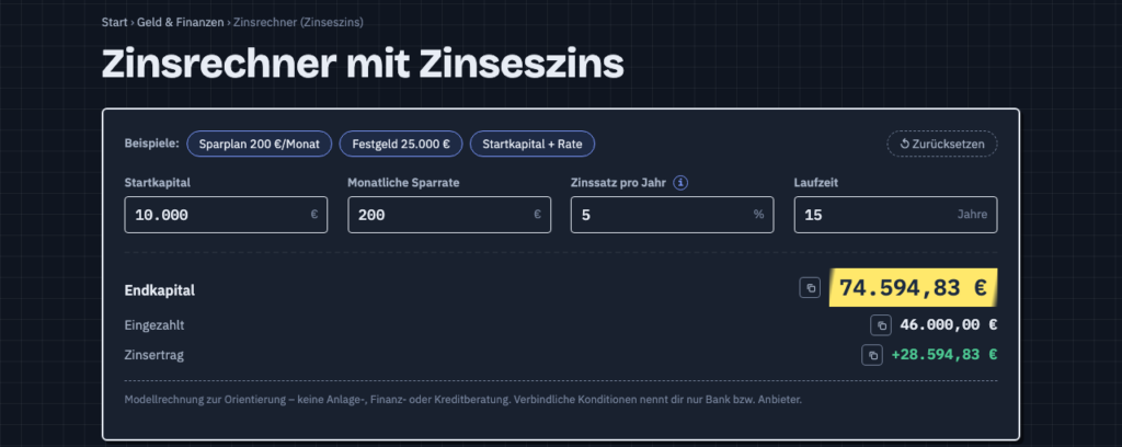 Zinsrechner auf RechnerMeister.de im Dark Mode mit Live-Ergebnis